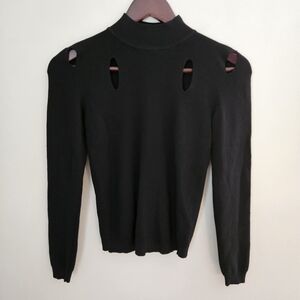 Vicolo Top Long Sleeve Black Cutouts Mockneck Ribbed Knit Casual Trendy Neutral